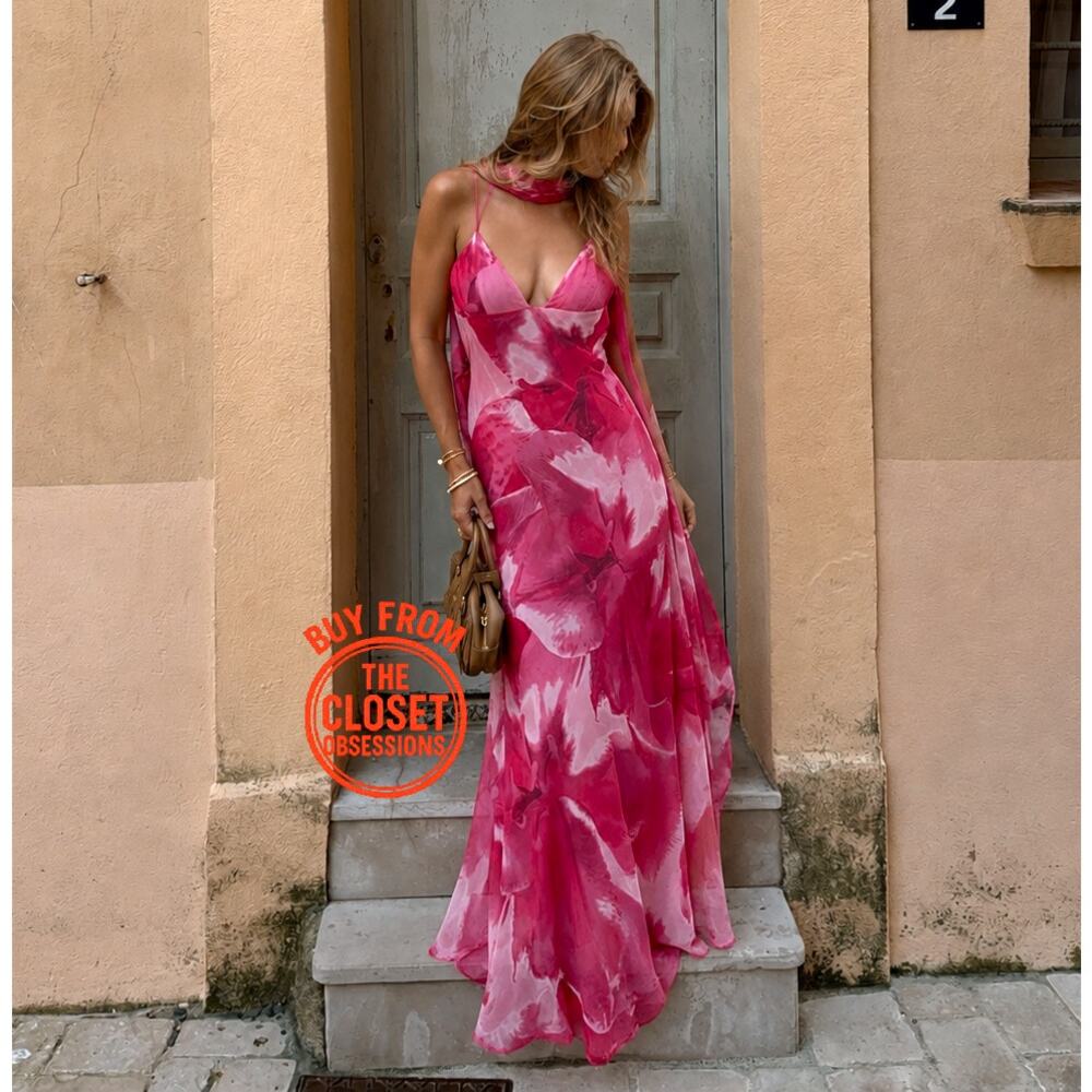 Zara NWT Pink Floral Foulard Maxi Dress Scarf S - Picture 5 of 16